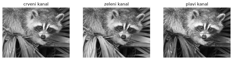 Crveni, zeleni i plavi kanal slike rakuna.