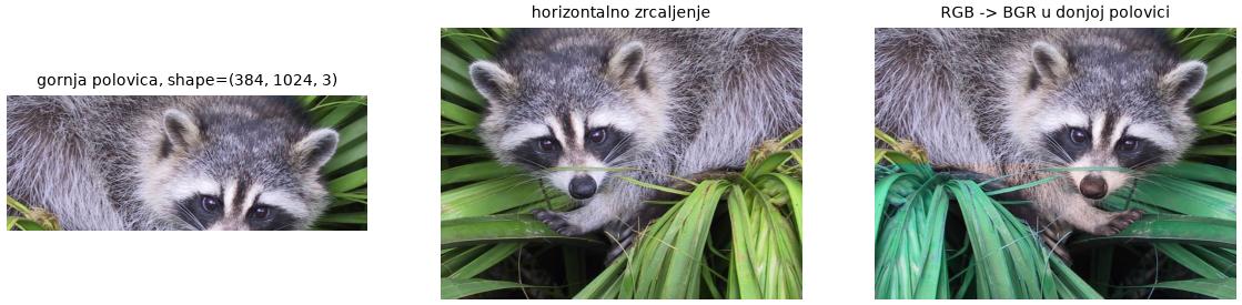 Gornja polovica, zrcaljenje i zamjena kanala u donjoj polovici slike rakuna.